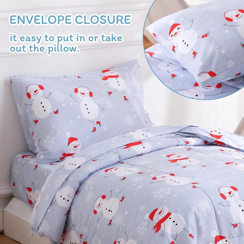 JSD Blue Snowman Toddler Bedding Set, 4 Piece Christmas Winter Toddler Microfiber Comforter Sheet Set, Lightweight Breathable - Image 5